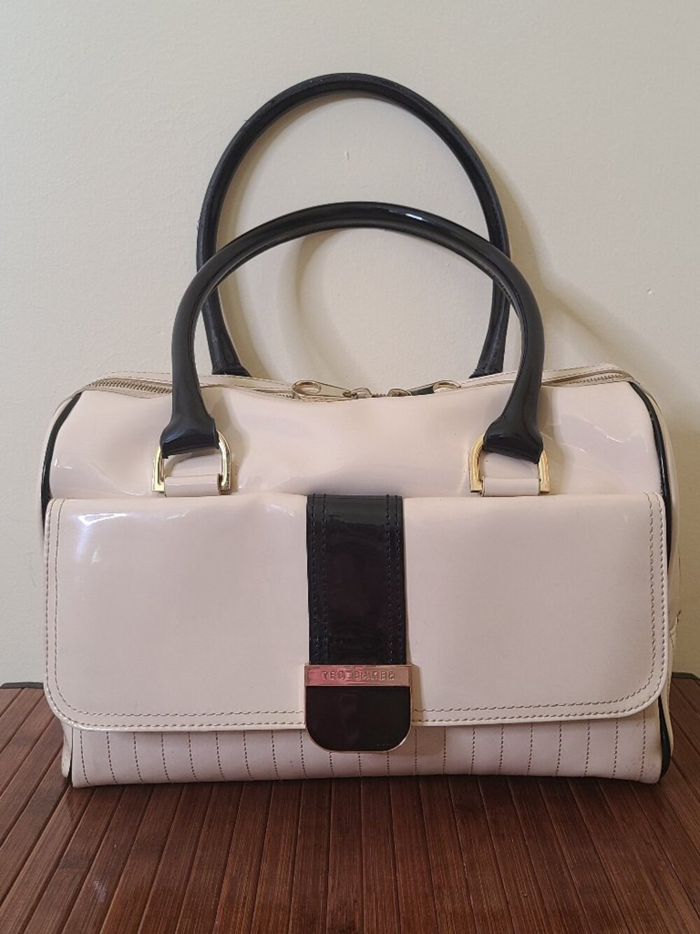 Ted Baker Patent Cream & Black Bowling Ball Bag/Top Handle Tote Bag